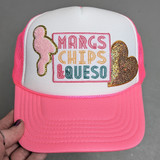 Margs Chips & Queso Embroidered Hat/Patch, pink and white trucker hat with embroidered colorful text and designs of a margarita glass, chips, and a queso heart patch.