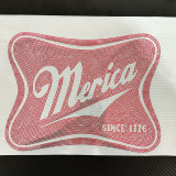 Merica Red Spangled Transfer, close-up image of a red and white sticker transfer with a vintage-style design of the word 'Merica' in cursive, featuring red spangled details and created in 2016.
