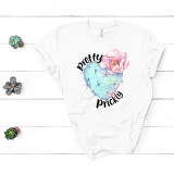 Pretty Prickly Cactus floral humor Sublimation Transfer T-shirt with a cactus-shaped heart, pink flower, and the words 'moretty prickly' on a white background.