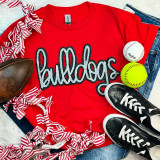 Bulldogs Sequin Patch, decorative sequined patch featuring the word 'Bulldogs' on a red t-shirt, surrounded by baseballs, sneakers, jeans, and striped ribbons for a sporty and fashionable look.