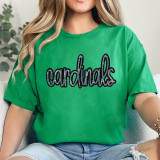 Cardinals Sequin Patch, a sparkly black and silver sequin embroidery of the word 'cardinals' on a bright green T-shirt.