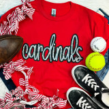 Cardinals Sequin Patch, sparkly sequin patch with the word 'Cardinals' on a red t-shirt, surrounded by sneakers, baseballs, a leather shoe, and striped ribbon accents.