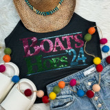 Boats Hoes 24 Spangled Transfer, colorful decorative t-shirt with the text 'Boats Hoes 24' made of rhinestones, accompanied by a woven straw hat, a beaded necklace, felt ball garland, white slides, and denim shorts, laid out on a soft white surface.
