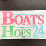Boats Hoes 24 Spangled Transfer, colorful rhinestone design of the phrase "Boats Hoes 24" with various colors and decorative elements.