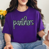 Panthers Sequin Patch, close-up of purple T-shirt with black and silver sequin embroidery of the word 'panthers' on the front.
