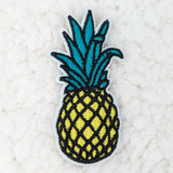 Pineapple Embroidered HAT/POCKET Patch, colorful embroidered pineapple patch with blue leaves and yellow body on a white background.