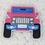 Bright Jeep Embroidered HAT/POCKET Patch, a colorful embroidered patch depicting a pink jeep with blue windows, black tires, and a white outline, suitable for decorating hats or pockets.