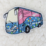 RV Embroidered Hat Pocket Patch, colorful embroidered patch featuring a vintage RV camper with pink, blue, white, and black details.