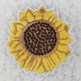 Sunflower Embroidered Hat/Pocket Patch, bright yellow sunflower with brown center embroidered design, fabric patch for clothing or accessories.