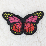 Red Pink Butterfly Embroidered HAT/POCKET Patch, detailed butterfly embroidery patch with pink, red, yellow, and black colors on a white background.