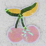 Oversized Cherry Sequin HAT/POCKET Patch, colorful embroidered patch with pink cherries and green leaves decorated with shiny sequins.