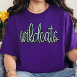 Wildcats Sequin Patch, purple T-shirt with sequin embellishment spelling 'wildcats' in cursive.