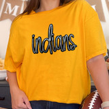 Indians Sequin Patch, a yellow T-shirt with 'Indians' written in black sequins lettering.