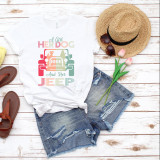 Product A, a sublimation transfer with a girl, her dog, and her Jeep design on a white T-shirt, surrounded by summer accessories including a straw hat, sunglasses, tulips, and ripped denim shorts.