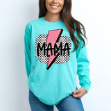 Mama Pink Bolt DTF Heat Transfer, a vibrant design featuring a pink lightning bolt and the word 'Mama' over a checkered background on a turquoise sweatshirt.