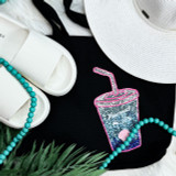 Mermaid Cocktail Sequin Patch, colorful sequin patch featuring a cocktail drink with a straw and seashell design.