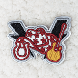 Small Country Western Collage Embroidered HAT/POCKET Patch, a colorful embroidered patch featuring a heart with stars, a guitar, and a banjo in a country western theme.
