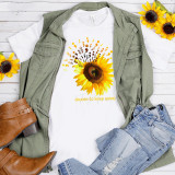 Semicolon Sunflower Choose to keep going Suicide Awareness Sublimation Transfer T-shirt, featuring a sunflower graphic and motivational message, displayed with casual clothing and accessories on a white wooden surface.