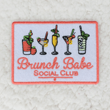 Brunch Babe Embroidered HAT/POCKET Patch, embroidered patch featuring colorful illustration of four cocktails and the text 'Brunch Babe SOCIAL CLUB'