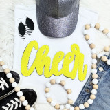 Cursive Cheer Yellow Chenille Patch, bright yellow embroidered cheer word on white fabric background.