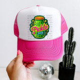 Pickle Lover Faux Patch Sublimation Transfer, colorful patch of a pickle jar with the text Pickle Lover on a pink and white trucker hat.