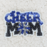 ROYAL BLUE Sequin Cheer Mom HAT/POCKET Patch, embroidered cheer mom text with snowflake design in blue, black, and silver sequins.