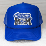 ROYAL BLUE Sequin Cheer Mom HAT/POCKET Patch, a blue trucker cap with a sequin patch of cheerleading motif and 'CHEER MOM' embroidered design.