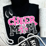 NEON PINK Sequin Cheer Mom Patch, close-up of pink and black sequined cheer mom patch on black t-shirt with black and white sneakers and earrings.