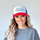 God Bless America BLUE DTF Heat Transfer, patriotic hat featuring bold text and American flag colors.
