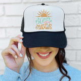 Soul Full Of Sunshine Retro DTF Heat Transfer, a woman wearing a black and white trucker cap with the colorful design of the sun and the words 'Soul Full Of Sunshine' on it.