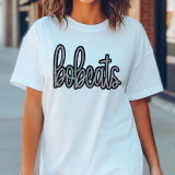 Bobcats Sequin Patch, close-up of a white t-shirt with the word 'bobcats' embroidered with black outline and multicolored sequins.