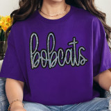 Bobcats Sequin Patch, a sparkling embroidered patch featuring the word 'bobcats' in multicolored rhinestones on a purple T-shirt.