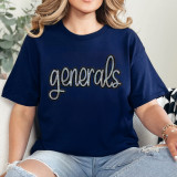 Generals Sequin Patch, embroidered patch with the word 'generals' in black sequins on a navy blue t-shirt.