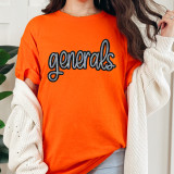 Generals Sequin Patch T-shirt, orange casual women's T-shirt with black and silver embroidered sequin patch reading 'generals' on the front.