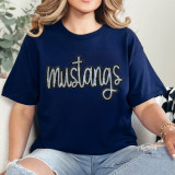 Mustangs Sequin Patch, navy blue T-shirt with a sparkling sequin Mustang logo across the front.