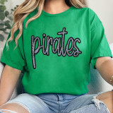 Pirates Sequin Patch, close-up of a person wearing a green t-shirt with the word 'pirates' decorated with colorful sequins.