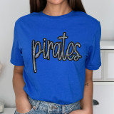 Pirates Sequin Patch, image of a blue t-shirt with a sparkly sequin pirate-themed patch design.
