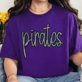 Pirates Sequin Patch, close-up of a purple T-shirt with a colorful, glittering sequin patch spelling 'pirates' in cursive letters.