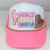 Turquoise Enamel Gold Hat Chain, pink baseball cap with embroidered colorful text and sequin design.