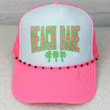 Black Beaded Hat Chain on a pink and white beach cap with colorful embroidered 'Beach Babe' text and palm trees design.