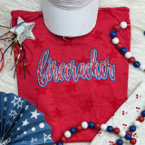 Firecracker Red and Blue Sequin Youth Patch, vibrant red T-shirt with patriotic embroidery, surrounded by festive decorations.