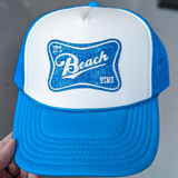 It's Beach Time Embroidered Glitter HAT/POCKET Patch, blue and white trucker hat with glittery 'It's Beach' patch in the center.