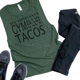My Heart Says Tacos Sublimation Transfer, green sleeveless T-shirt with black text and distressed design.
