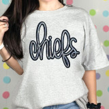 Chiefs Sequin Patch, a close-up of a casual gray T-shirt with a colorful sequin applique spelling 'Chiefs' in cursive font.
