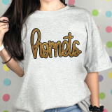 Hornets Gold Sequin Patch, close-up of the embroidered gold sequin patch on a gray t-shirt.