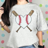 Baseball Heart and Bats Chenille/Sequin Patch, a decorative patch featuring a baseball-shaped heart with red stitching and two crossed baseball bats with sequin details on a gray T-shirt.