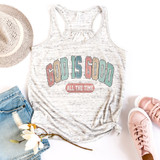 God Is Good All The Time Sublimation Transfer, white tank top with colorful text logo design.