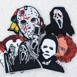 Bundle Horror Characters Embroidered Hat and Pocket Patches, featuring designs of horror icons like Jason Voorhees, Ghostface, Michael Myers, and Chucky.