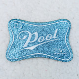 It's Pool Time Embroidered Glitter HAT/POCKET Patch, sparkling blue patch with 'Pool' embroidered in silver glitter and a wave design, perfect for summer accessories.