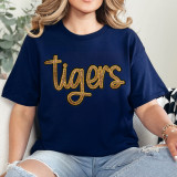Tigers Gold Sequin Patch, gold glitter tiger and 'tigers' text design on navy blue t-shirt.